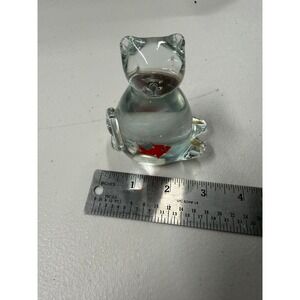 Giftco Art Glass Cat Paperweight Figurine with Red Fish Inside Clear Glass 2.75"